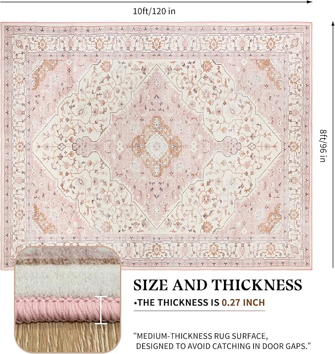 Area Rug for Living Room - Vintage Indoor Machine Washable Rug for Bedroom Dinning Room Floor - Soft Low-Pile Carpet Non-Slip Backing Floral Rugs for Office (Pink, 8' × 10')