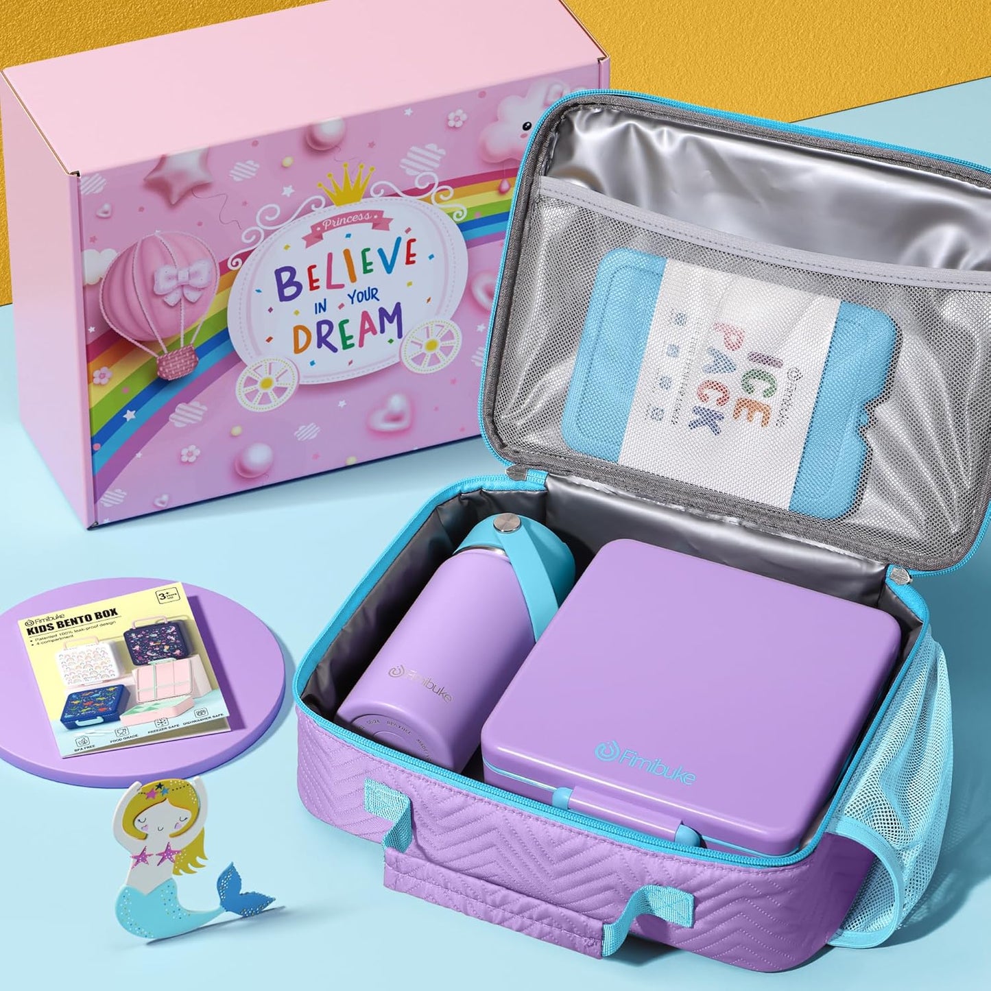 Fimibuke Kids Bento Lunch Box with 4 Compartments, Insulated lunch Bag, Stainless Steel Insulated Water Bottle, Ice Pack & Utensils Set, Birthday Gifts for Ages 3-12 Back to School Toddler Girls Boys