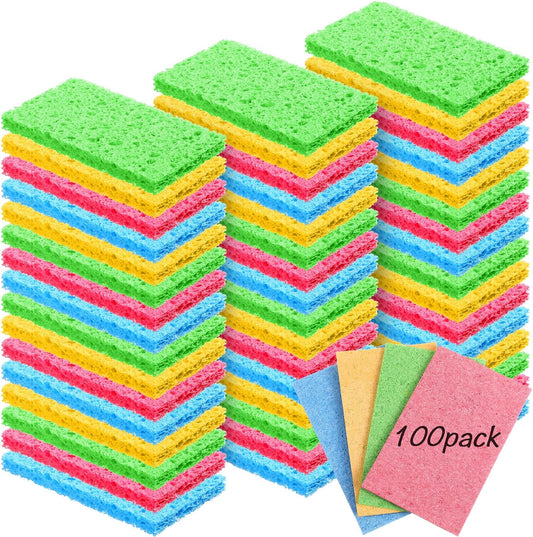 Zhengmy 100 Pieces Kitchen Sponge Bulk Natural Sponges for Dishes Compressed Wood Pulp Sponges Cleaning Sponge Without Scratching for Kitchen Bathroom, 3.9 x 2.4 x 0.12 Inch (Multicolor)