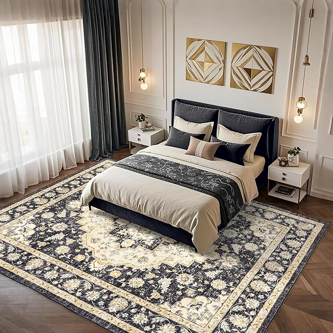 Area Rug for Living Room - Indoor Machine Washable Vintage Rugs for Bedroom Dinning Room Floor Carpet Non-Slip Backing Rugs Floral Soft Low-Pile Office Rug (Black/Beige, 8' × 10')