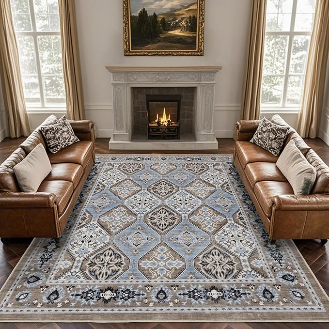 Area Rug for Living Room - Vintage Indoor Machine Washable Rug for Bedroom Dinning Room Floor - Soft Low-Pile Carpet Non-Slip Backing Floral Rugs for Office (Blue/Brown, 9' × 12')