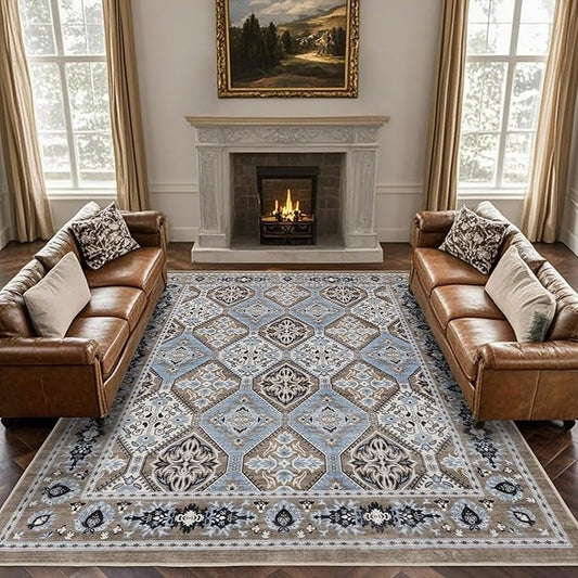 Area Rug for Living Room - Vintage Indoor Machine Washable Rug for Bedroom Dinning Room Floor - Soft Low-Pile Carpet Non-Slip Backing Floral Rugs for Office (Blue/Brown, 9' × 12')