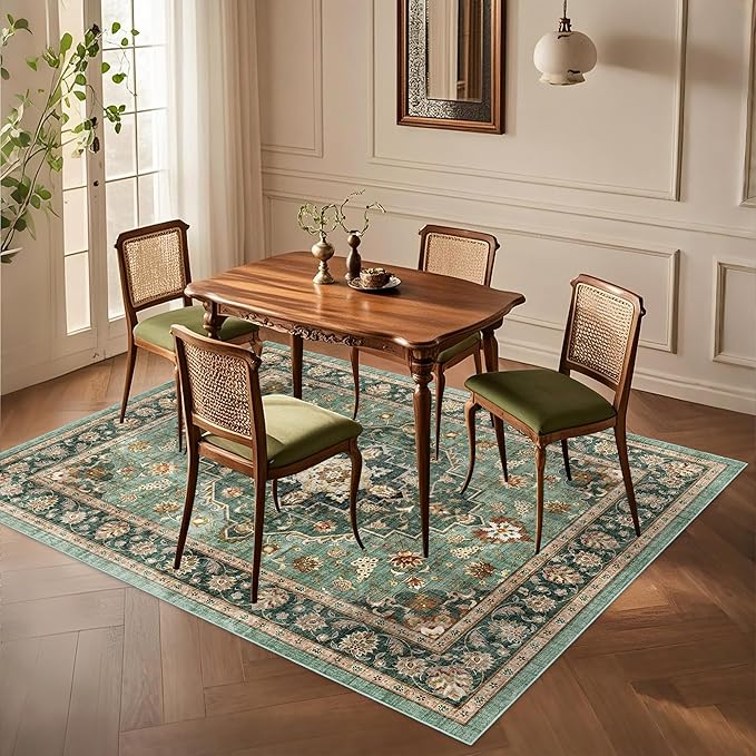 Area Rug for Living Room - Vintage Indoor Machine Washable Rug for Bedroom Dinning Room Floor - Soft Low-Pile Carpet Non-Slip Backing Floral Rugs for Office (Forest Green, 6' × 9')