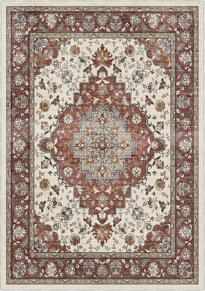 Area Rug for Living Room - Vintage Indoor Machine Washable Rug for Bedroom Dinning Room Floor - Soft Low-Pile Carpet Non-Slip Backing Floral Rugs Office (Brick/Ivory, 6' × 9')
