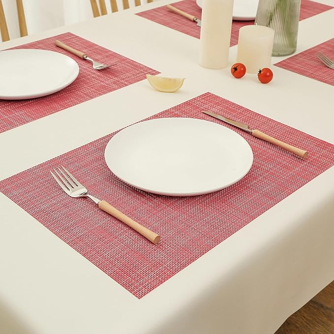 Christmas Red Placemats Set of 6 - Heat Resistant Non-Slip Place mats for Dining Table, Washable Durable PVC Vinyl Woven Table Mats