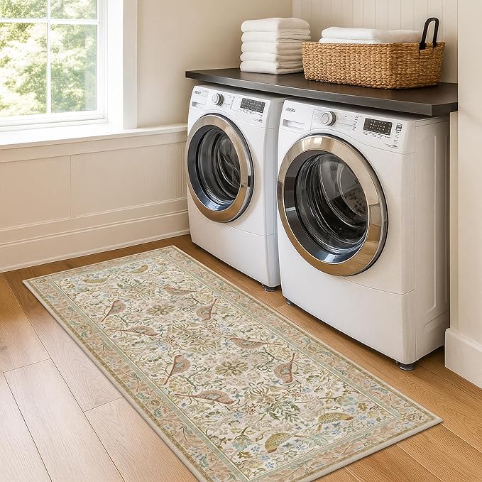 Boho Bathroom Runner Rug 2x5 - Floral & Bird Runner Rug for Kitchen Floor, Hallway, Laundry Room, Bedroom, Entrance, Beige Neutral Vintage Decor, Washable Non Slip Low Pile