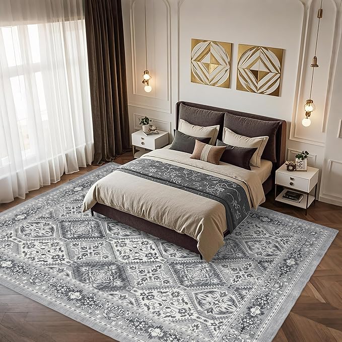 Area Rug for Living Room - Vintage Indoor Machine Washable Rug for Bedroom Dinning Room Floor - Soft Low-Pile Carpet Non-Slip Backing Floral Rugs for Office (Grey, 8' × 10')