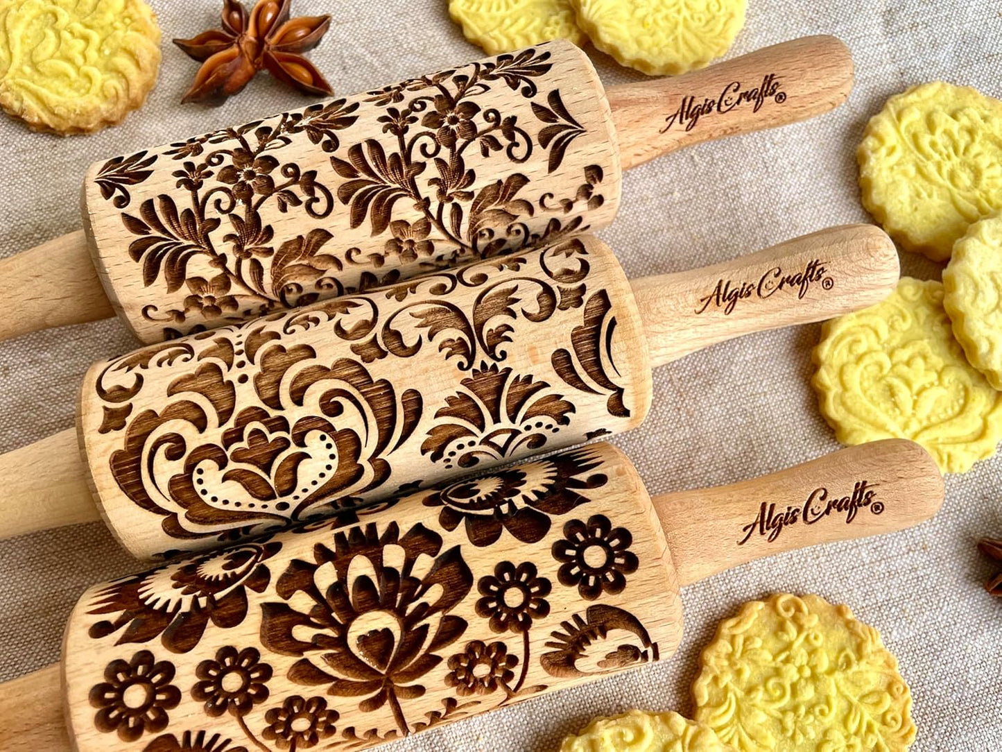 FLOWERS 3 Kid Rolling Pin Set with Damask, Folk and Floral Wreath Patterns. Wooden Laser Cut Mini Rolling Pins for Cookies, Play Dough, Salt Dough or Clay by Algis Crafts