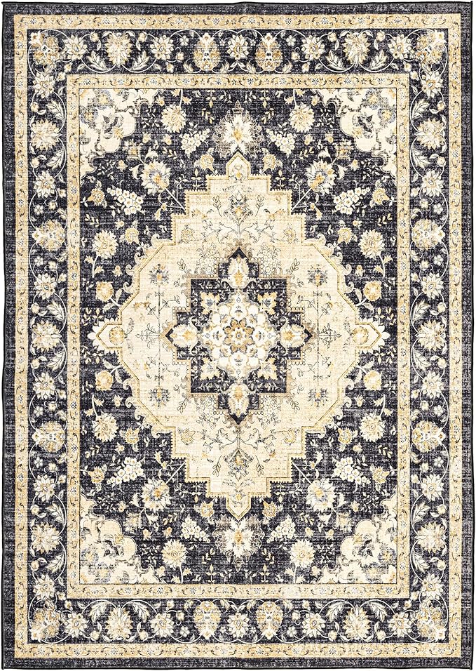Area Rug for Living Room - Indoor Machine Washable Vintage Rugs for Bedroom Dinning Room Floor Carpet Non-Slip Backing Rugs Floral Soft Low-Pile Office Rug (Black/Beige, 6' × 9')