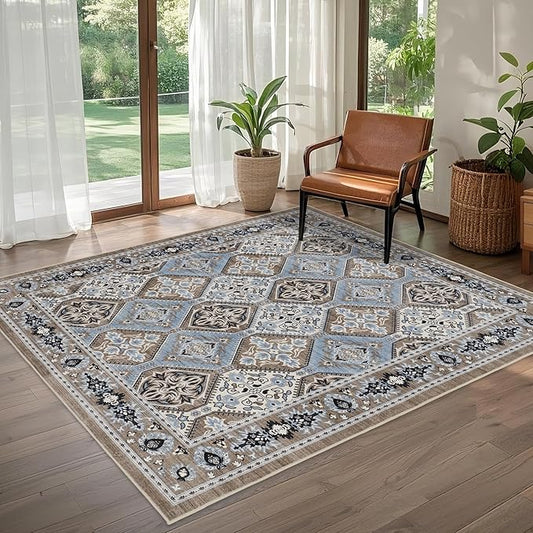 Area Rug for Living Room - Vintage Indoor Machine Washable Rug for Bedroom Dinning Room Floor - Soft Low-Pile Carpet Non-Slip Backing Floral Rugs for Office (Blue/Brown, 5' × 7')