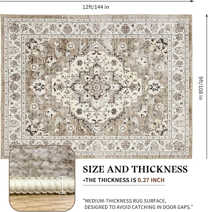 Area Rug for Living Room - Vintage Indoor Machine Washable Rug for Bedroom Dinning Room Floor - Soft Low-Pile Carpet Non-Slip Backing Floral Rugs for Office (Ivory/Beige, 9' × 12')