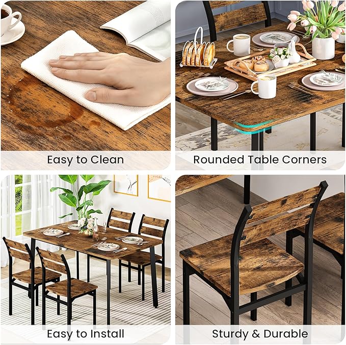 Recaceik Dining Table Set for 4, Kitchen Table and Chairs Set of 4 Wood Kitchen and Dining with Classic Dinner Chairs for Small Space Apartment Home