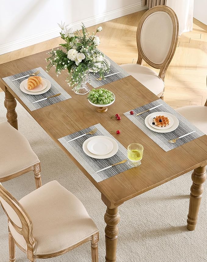 Leetaltree Black with White Woven Placemats Set of 12 - Heat Resistant Non-Slip Place mats for Dining Table, Washable Durable PVC Vinyl Woven Table Mats(Black with White, 12)