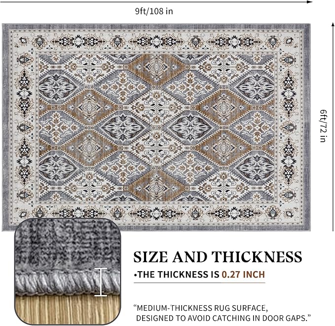 Area Rug for Living Room - Vintage Indoor Machine Washable Rug for Bedroom Dinning Room Floor - Soft Low-Pile Carpet Non-Slip Backing Floral Rugs for Office (Blue/Grey/Brown, 6' × 9')