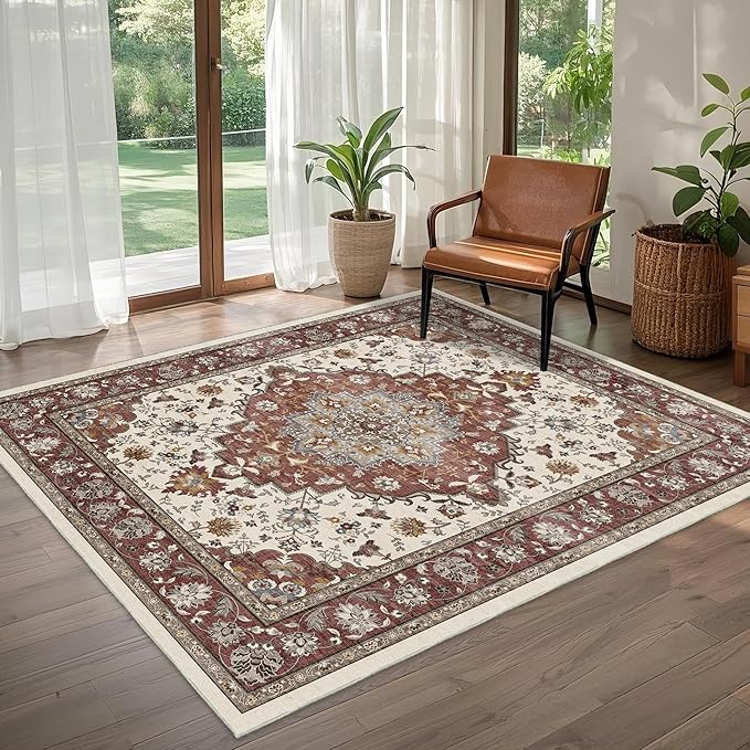 Area Rug for Living Room - Vintage Indoor Machine Washable Rug for Bedroom Dinning Room Floor - Soft Low-Pile Carpet Non-Slip Backing Floral Rugs Office (Brick/Ivory, 6' × 9')