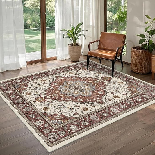 Area Rug for Living Room - Vintage Indoor Machine Washable Rug for Bedroom Dinning Room Floor - Soft Low-Pile Carpet Non-Slip Backing Floral Rugs Office (Brick/Ivory, 6' × 9')