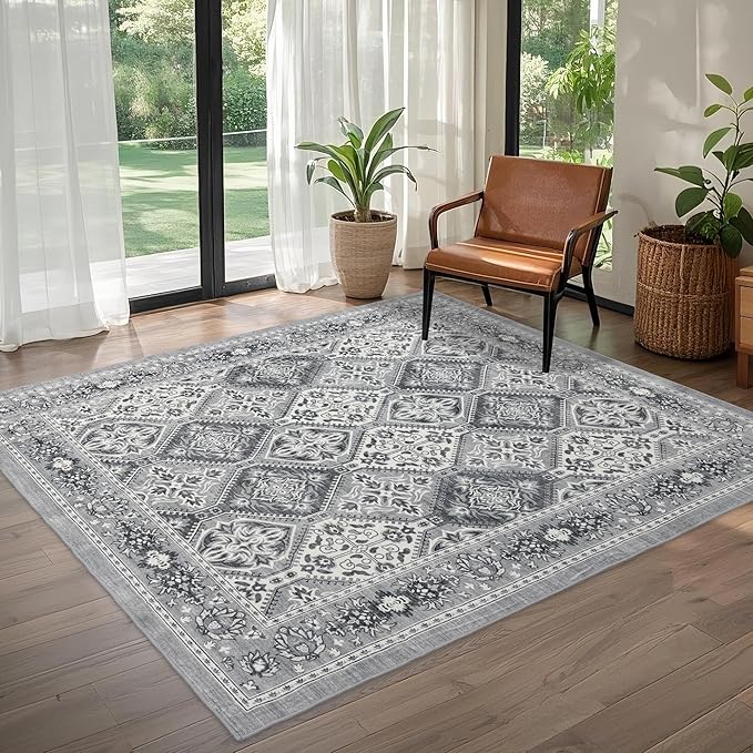 Area Rug for Living Room - Indoor Machine Washable Vintage Rugs for Bedroom Dinning Room Floor - Soft Low-Pile Carpet Non-Slip Backing Floral Rugs for Office (Grey, 5' × 7')