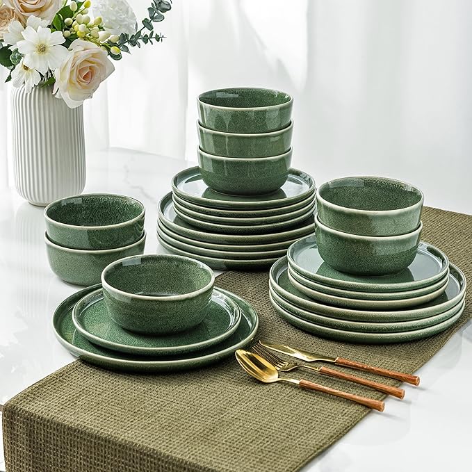 AmorArc Stoneware Dinnerware Sets,Round Reactive Glaze Ceramic Plates and Bowls Set,Highly Scratch Resistant | Dishwasher & Microwave Safe Dishes,Service for 6 (18pc) Jade Green