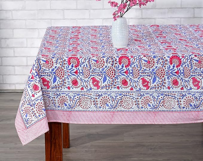 Ridhi Pigeon Blue Hand Block Print Cotton Rectangle Tablecloth 120 x 80 inch-Reusable Table Cover Decorative Everyday Use for Dining Room, Farmhouse, Thanksgiving, Christmas Wedding, Fall