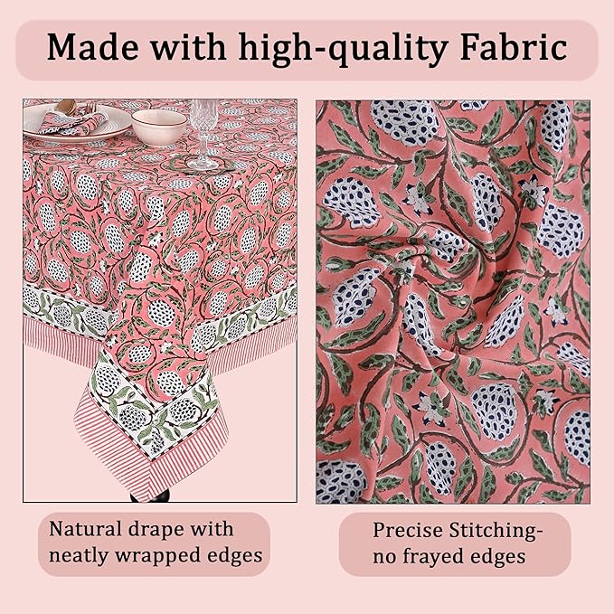 Ridhi Dark Salmon Pink 80 x 120 Inches Rectangular Cotton Washable Tablecloth, Hand Block Print Floral, for Kitchen, Dining, Spring, Easter, Wedding, Birthday, Bridal
