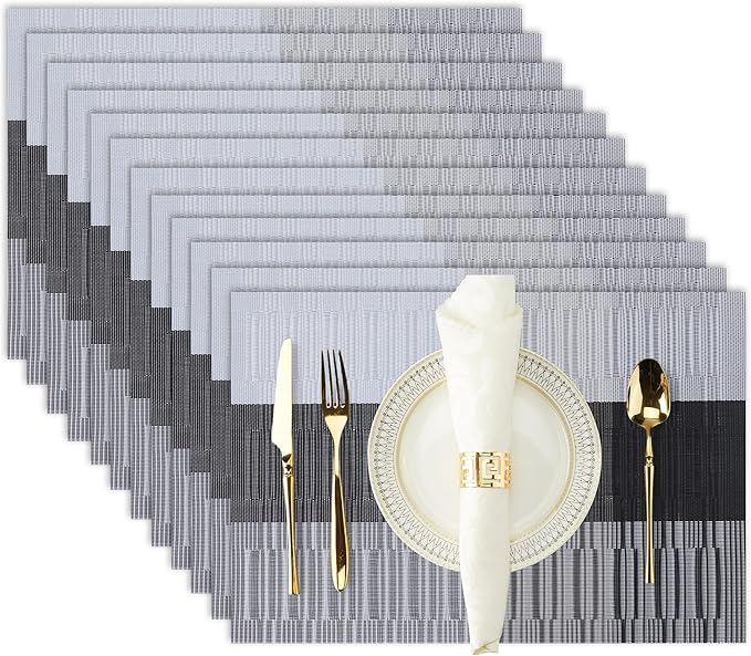 Dark Gray Placemats Set of 12-Durable PVC Vinyl Woven Washable Place Mats for Dining Table Heat Resistant Non-Slip Indoor/Outdoor Table Mats 12 * 17 inch