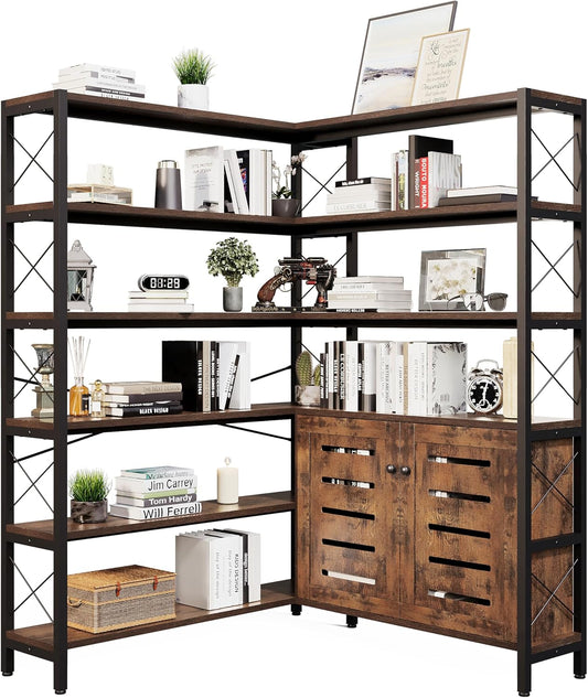 Corner Bookshelves and Bookcases Industrial Corner Etagere Bookcase L Shaped Shelf 6 Tiers with Metal Frame for Living Room Home Office