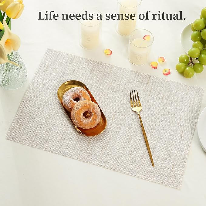 Leetaltree Pale Beige Placemats Set of 6 - Heat Resistant Non-Slip Place mats for Dining Table, Washable Durable PVC Vinyl Woven Table Mats（Pale Beige, 6）