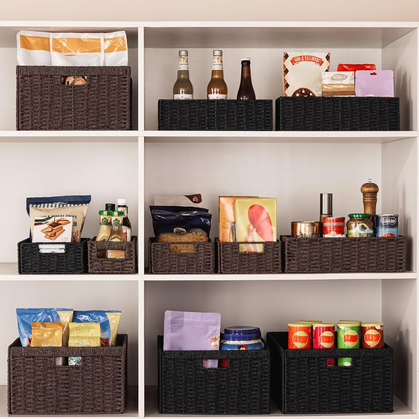 UBBCARE 2 Pack Wicker Basket, 11.5L×7.5H×3.5W inch Woven Paper Rope Storage Baskets for shelves, Foldable Rectangular Storage Baskets with Handle, Storage Basket for Organizing, Dark Brown