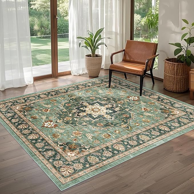 Area Rug for Living Room - Vintage Indoor Machine Washable Rug for Bedroom Dinning Room Floor - Soft Low-Pile Carpet Non-Slip Backing Floral Rugs for Office (Forest Green, 5' × 7')