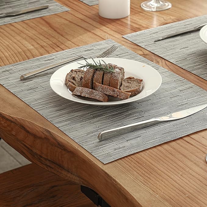 Leetaltree Silver Placemats Set of 12 - Heat Resistant Non-Slip Place mats for Dining Table, Washable Durable PVC Vinyl Woven Table Mats（Sliver, 12）