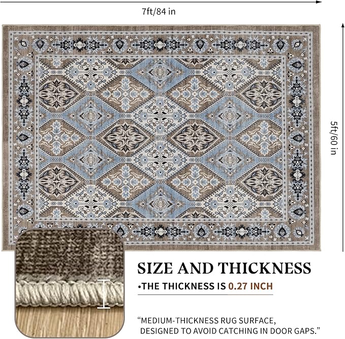 Area Rug for Living Room - Vintage Indoor Machine Washable Rug for Bedroom Dinning Room Floor - Soft Low-Pile Carpet Non-Slip Backing Floral Rugs for Office (Blue/Brown, 5' × 7')