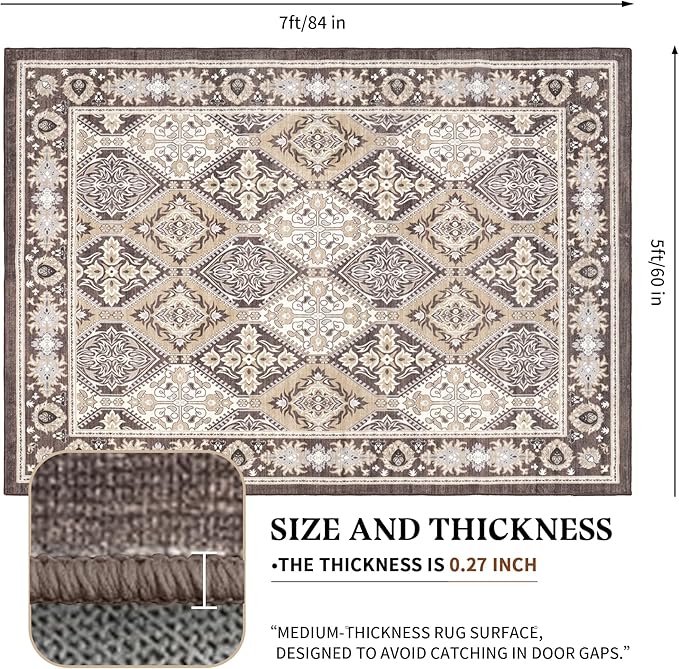 Area Rug for Living Room - Vintage Indoor Machine Washable Rug for Bedroom Dinning Room Floor - Soft Low-Pile Carpet Non-Slip Backing Floral Rugs for Office (Reddish Brown, 5' × 7')