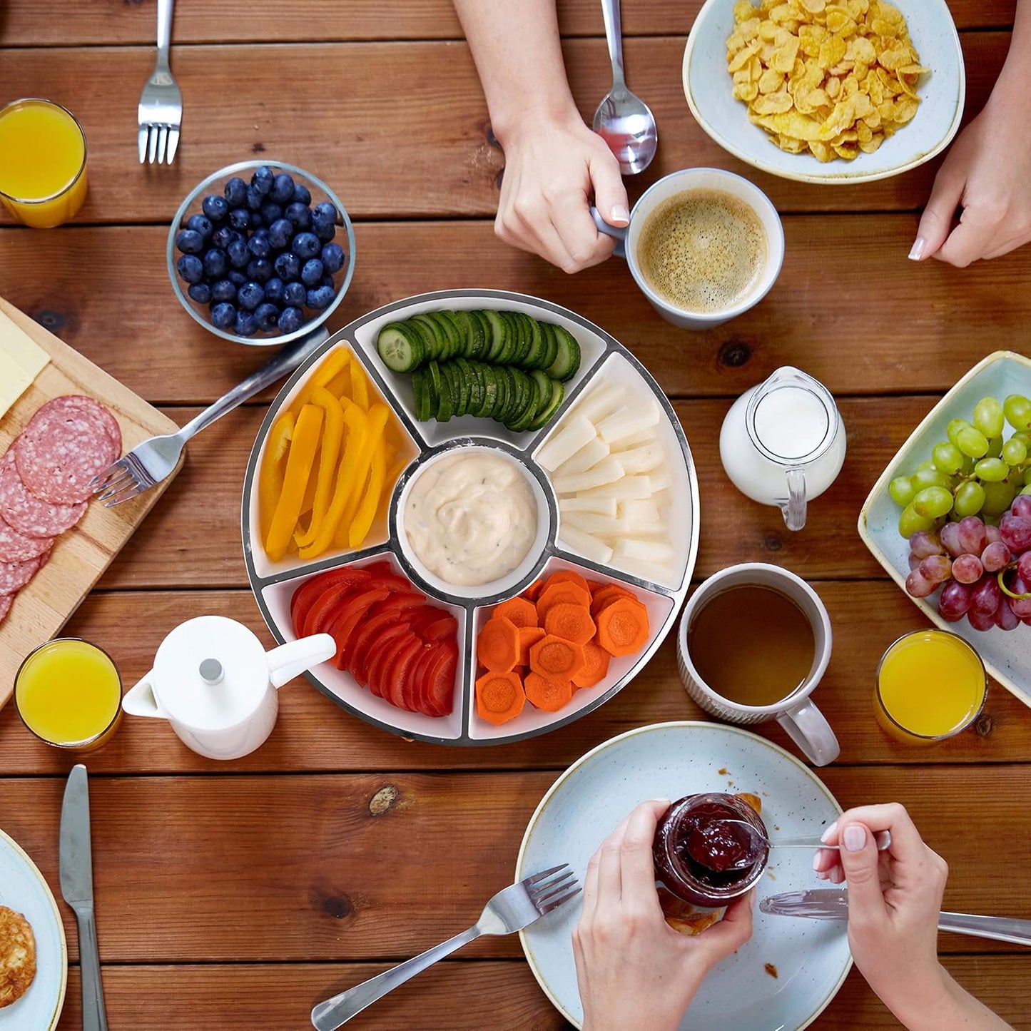 Plasticpro 6 Sectional Round Plastic Serving Tray/Platters White & Silver Pack of 2