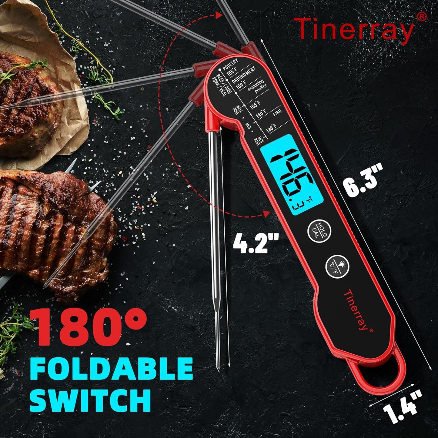 Digital Meat Thermometer for Cooking – Waterproof Instant Read Food Thermometer with Backlight & Calibration, Fast Read, Folding Probe for BBQ, Grill, Candy, Deep Fry, Kitchen, Liquids, Beef（Red）