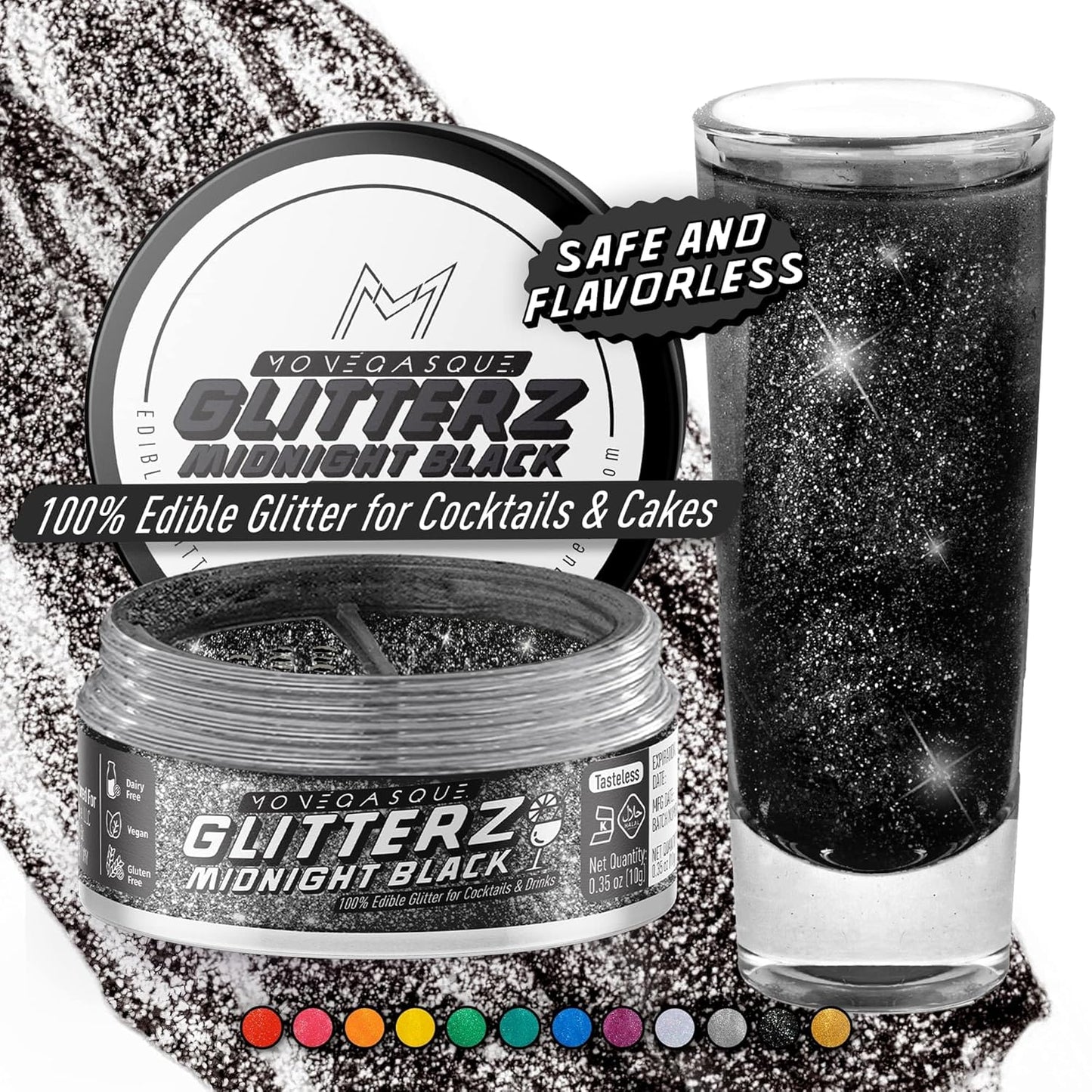 MONÉGASQUE Black Edible Glitter for Drinks 10g – Halloween Edible Glitter for Cakes & Cocktails – Cocktail & Drink Shimmer Dust – Cupcake Sprinkles Decorating Toppers & Cake Decorations Spray Sparkles