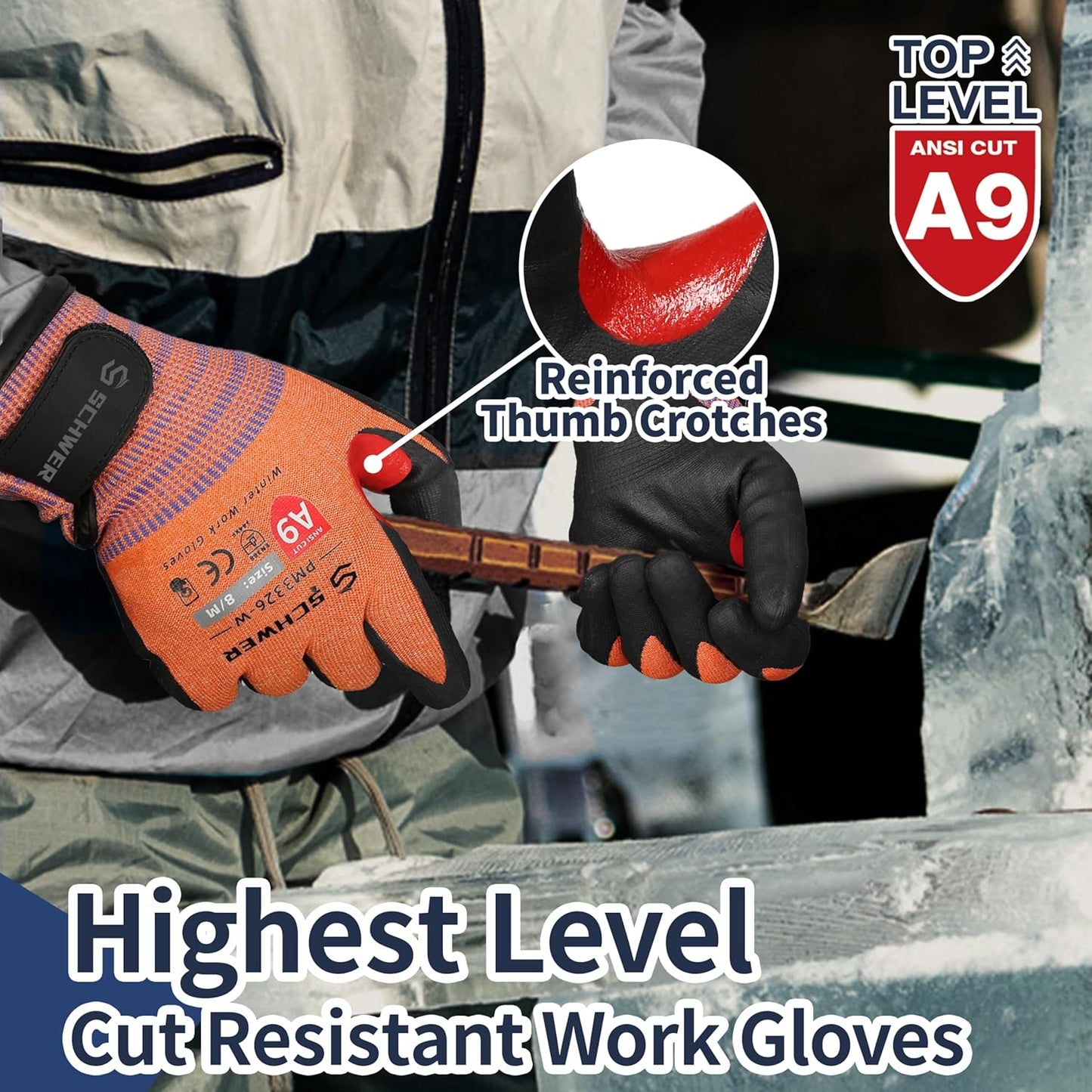 Schwer FreezeGuard-X Winter Work Gloves for Men and Women, ANSI A9 Cut Resistant Gloves for Extreme Protection, Freezer Glove With Super Grip, Touchscreen, Thermal Insulated, PM3326-W (XL,1 Pair)