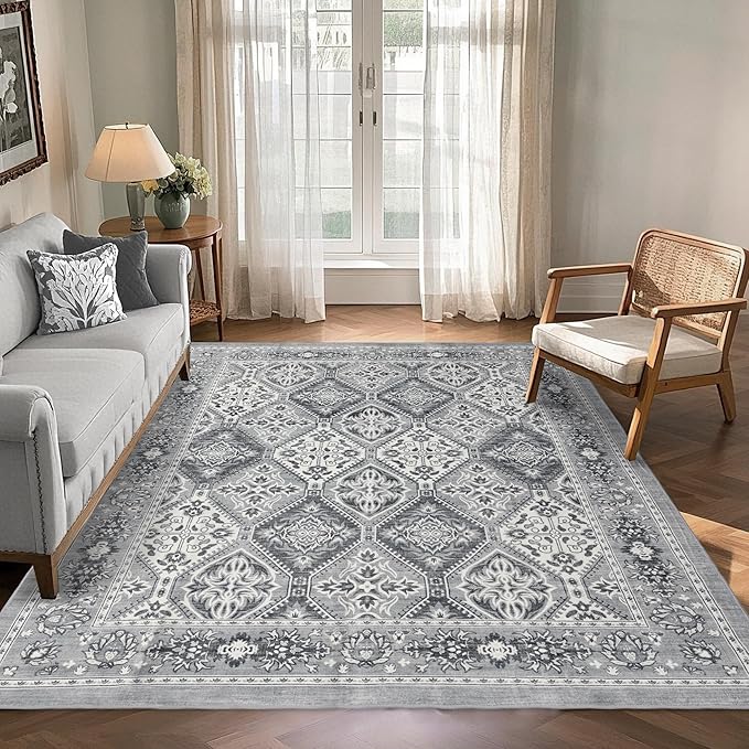 Area Rug for Living Room - Indoor Machine Washable Vintage Rugs for Bedroom Dinning Room Floor - Soft Low-Pile Carpet Non-Slip Backing Floral Rugs for Office (Grey, 5' × 7')
