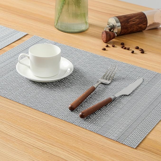 Leetaltree Lunar Grey Placemats Set of 6 - Heat Resistant Non-Slip Place mats for Dining Table, Washable Durable PVC Vinyl Woven Table Mats（Lunar Grey, 6）