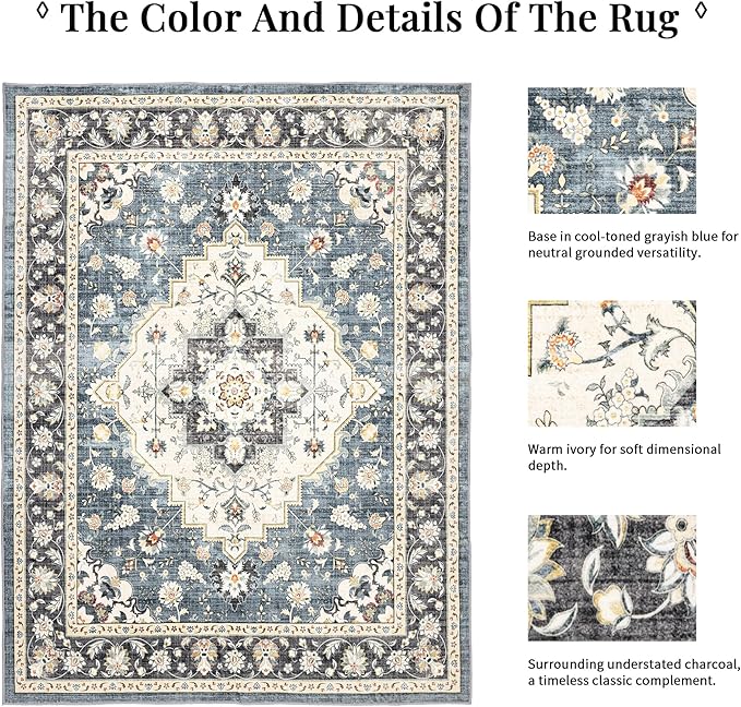Area Rug for Living Room - Vintage Indoor Machine Washable Rug for Bedroom Dinning Room Floor - Soft Low-Pile Carpet Non-Slip Backing Floral Rugs for Office (Blue/Ivory, 5' × 7')