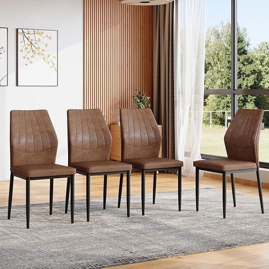 Brown Dining Chairs Set of 4,Rusic Farmhouse Upholstered Kitchen Chairs with Soft Cushion and Black Metal Legs,Mid Century Modern Dining Room Chairs,Easy to Assemble and Comfortable Seating