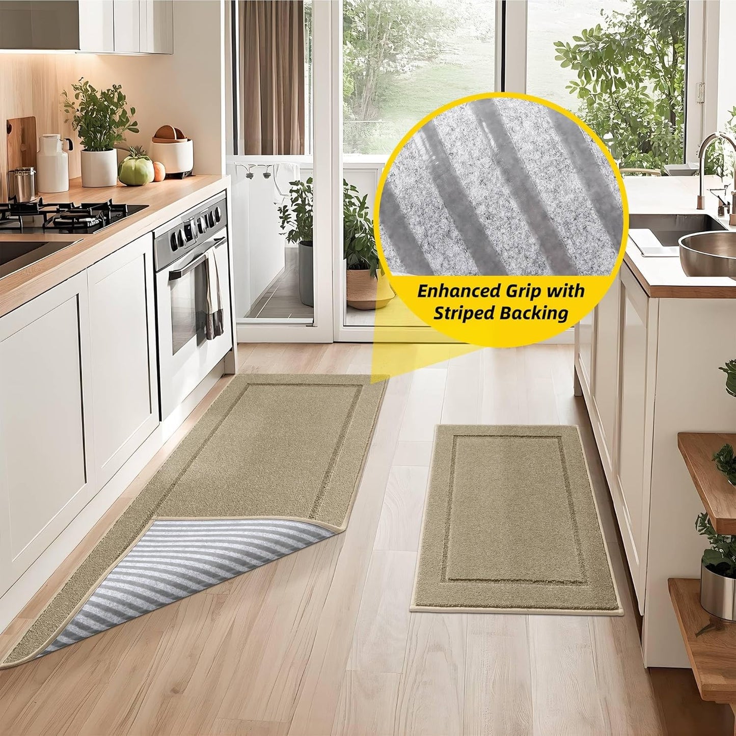 JSEI Non-Slip Kitchen Mats, Self Adhesive No Sliding Kitchen Rugs Set of 2, Washable Absorbent Floor Mat for Kitchen, Bathroom, Laundry Room, Bedroom, 20”x32”+20”x48”, Beige, Rectangular Pattern