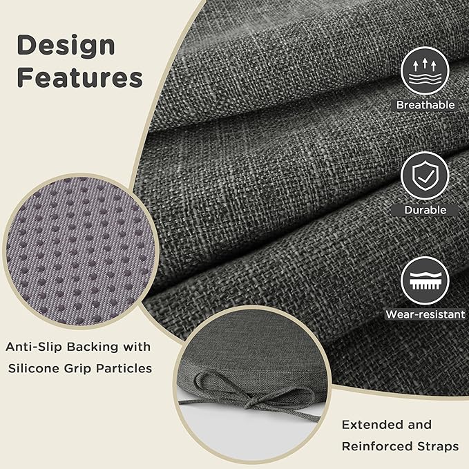 AddGrace Set of 4 Chair Cushions for Metal Dining Chairs 14x14 Chair Pads with Ties Non Slip Thick Seat Cushions with Textured and Removable Cover Dark Grey