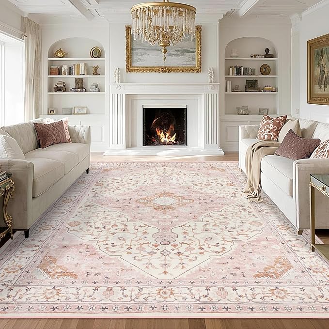 Area Rug for Living Room - Vintage Indoor Machine Washable Rug for Bedroom Dinning Room Floor - Soft Low-Pile Carpet Non-Slip Backing Floral Rugs for Office (Pink, 8' × 10')