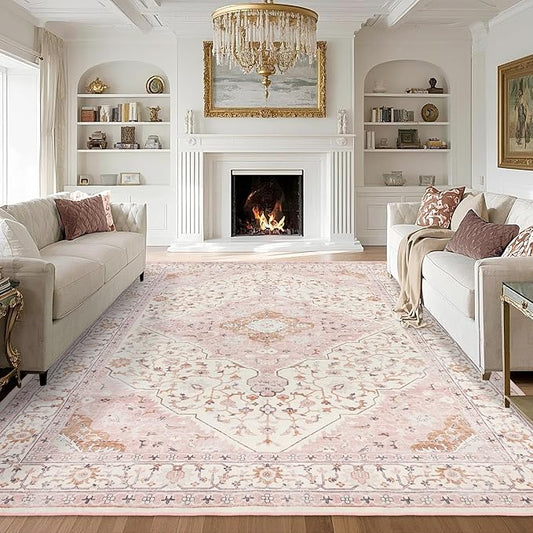 Area Rug for Living Room - Vintage Indoor Machine Washable Rug for Bedroom Dinning Room Floor - Soft Low-Pile Carpet Non-Slip Backing Floral Rugs for Office (Pink, 8' × 10')