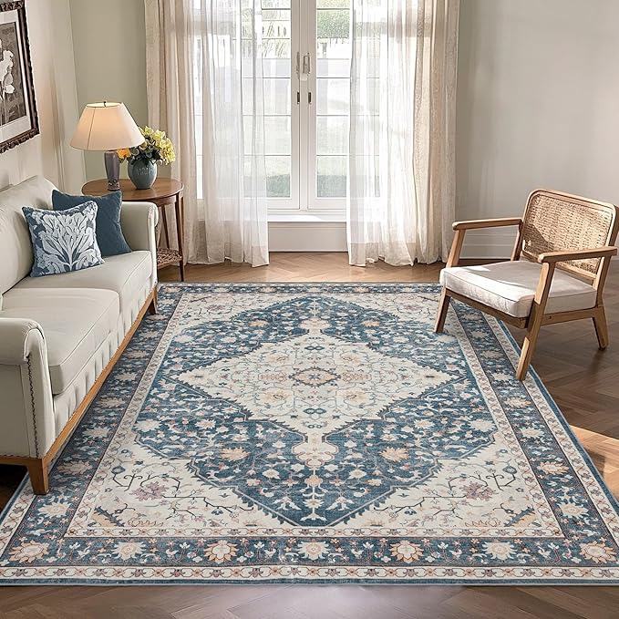 Area Rug for Living Room - Vintage Indoor Machine Washable Rug for Bedroom Dinning Room Floor - Soft Low-Pile Carpet Non-Slip Backing Floral Rugs for Office (Blue/Cream, 5' × 7')