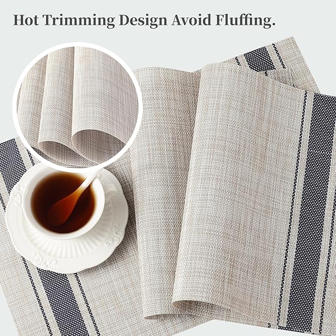 Leetaltree Khaki-Blue Placemats, Heat Resistant Non-Slip Place mats for Dining Table, Washable Durable PVC Vinyl Woven Table Mats (Set of 8)