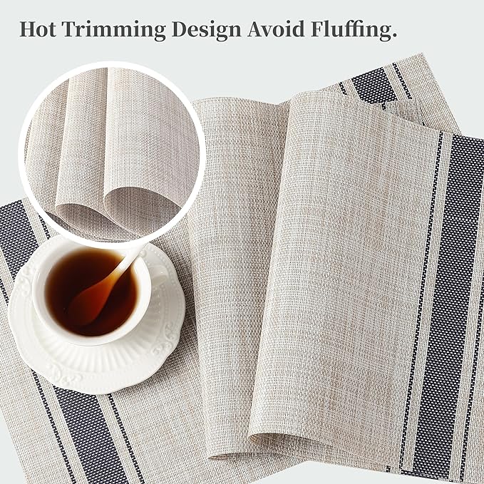 Leetaltree Khaki-Blue Placemats, Heat Resistant Non-Slip Place mats for Dining Table, Washable Durable PVC Vinyl Woven Table Mats (Set of 4)