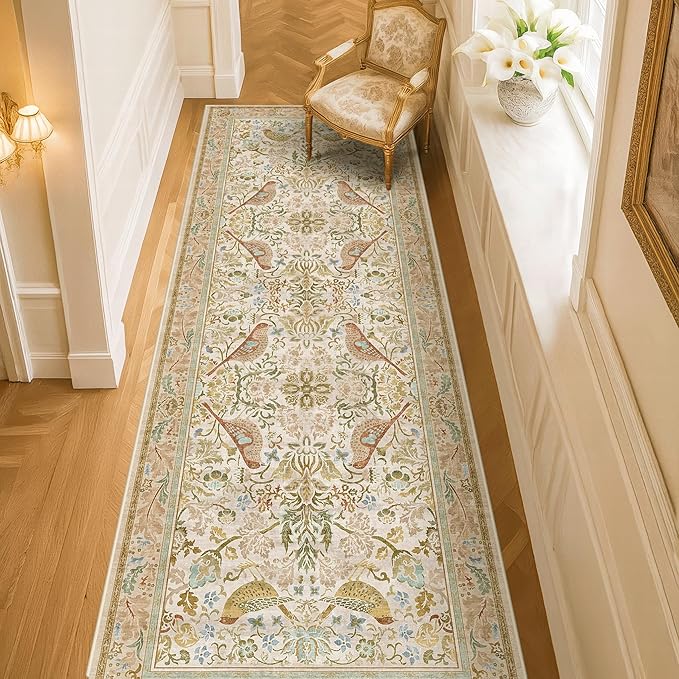 2'6"x8' Long Hallway Runner Rug - Vintage Botanical Wide Runners for Kitchen Bedroom Hall Way, Washable Non Slip with Rubber Backing, Beige Floral Décor