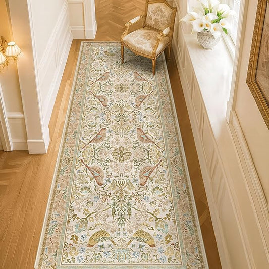 2'6"x8' Long Hallway Runner Rug - Vintage Botanical Wide Runners for Kitchen Bedroom Hall Way, Washable Non Slip with Rubber Backing, Beige Floral Décor