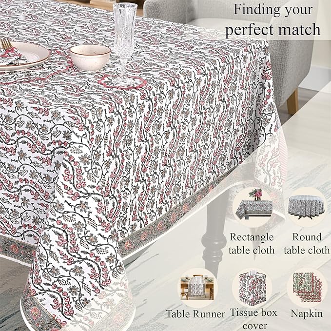 Ridhi Coral Pink Trails Hand Block Print Cotton Rectangle Tablecloth 160 x 72 inch-Reusable Table Cover Decorative Everyday Use for Dining Room, Farmhouse, Thanksgiving, Christmas Wedding, Fall